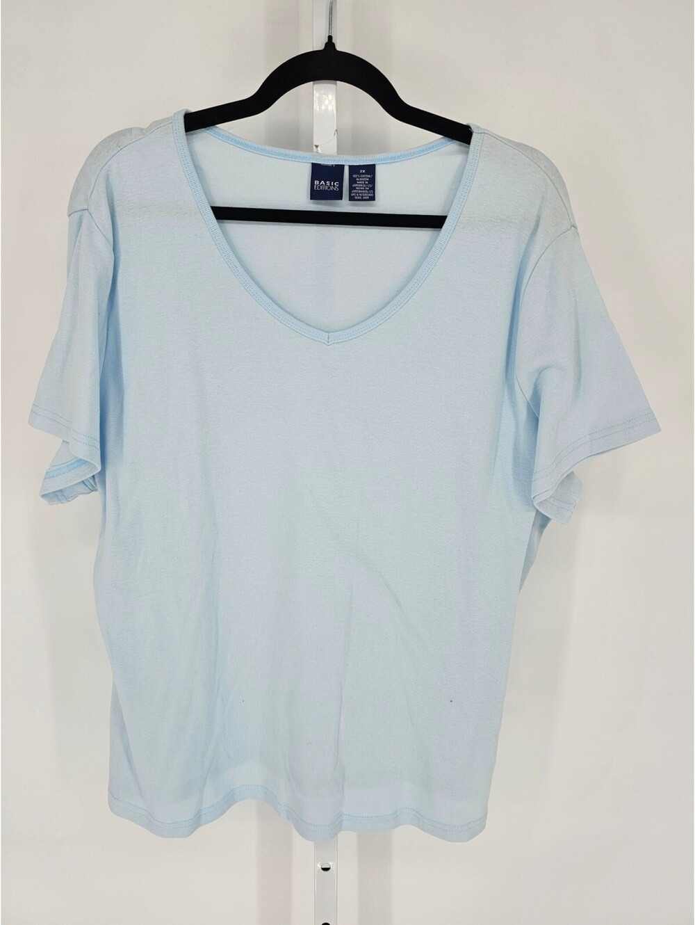 Basic Editions Womens Sz 2X Short Sleeve V Neck T Shirt Light Blue Cotton